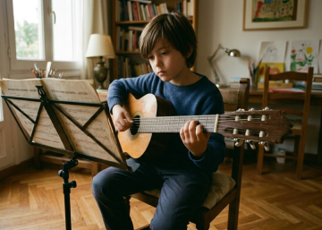 Niño practicando instrumento musical en casa con concentración